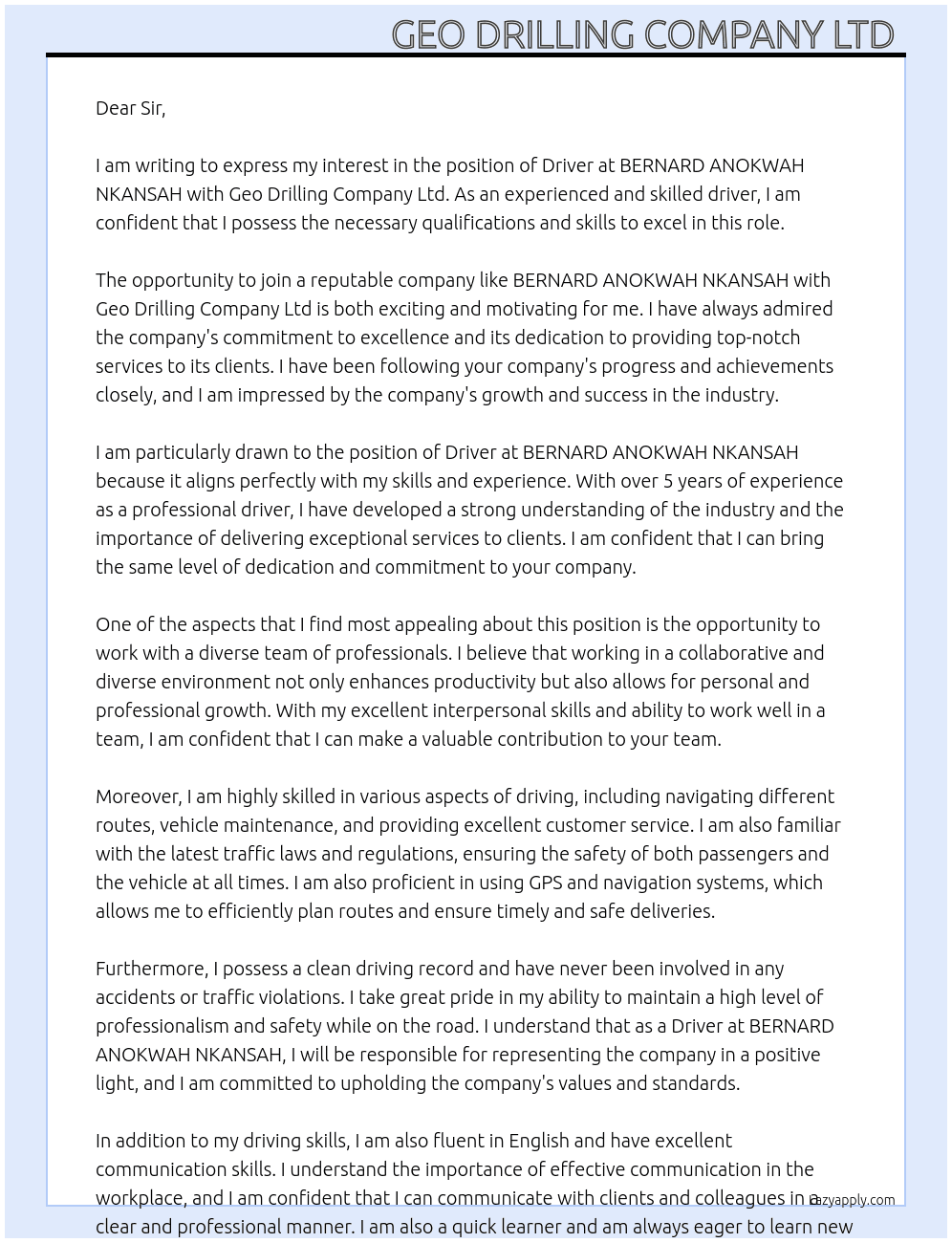 Driver  At BERNARD ANOKWAH NKANSAH  Cover Letter