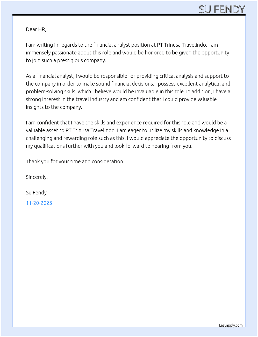 Financial Analyst At PT Trinusa Travelindo Cover Letter