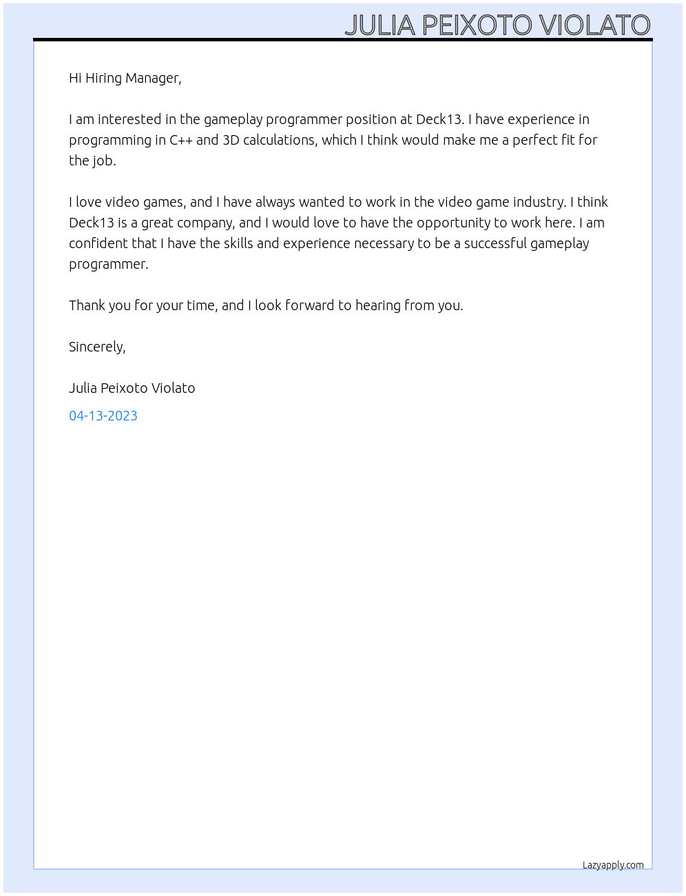 Gameplay Programmer At Deck13 Cover Letter