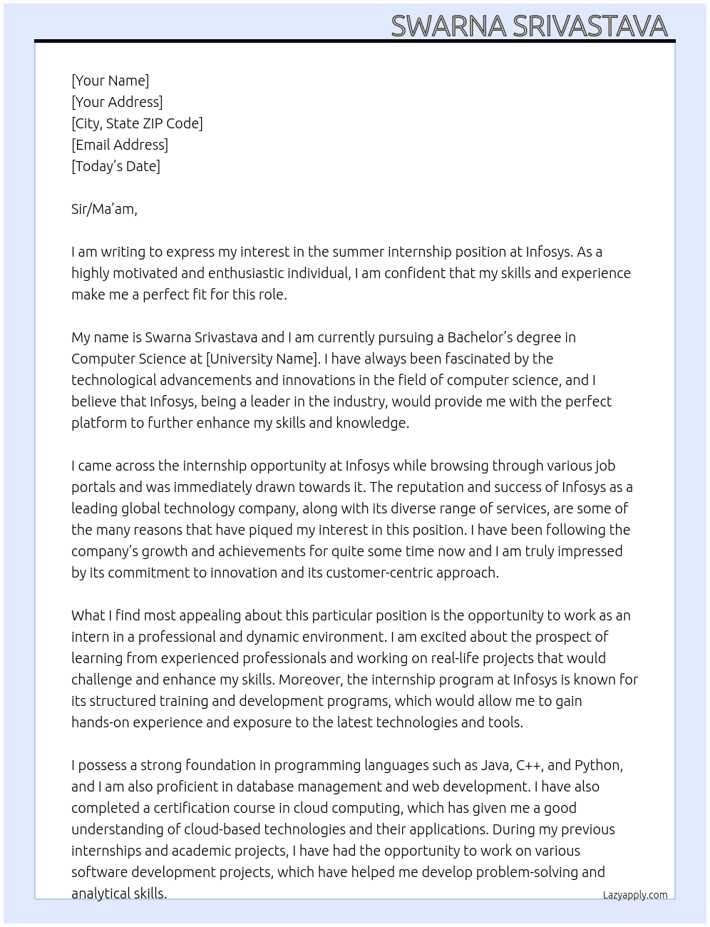 Summer internship  At Infosys Cover Letter