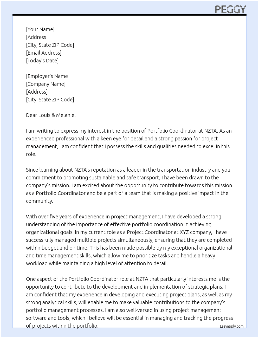 Portfolio coordinator  At NZTA Cover Letter