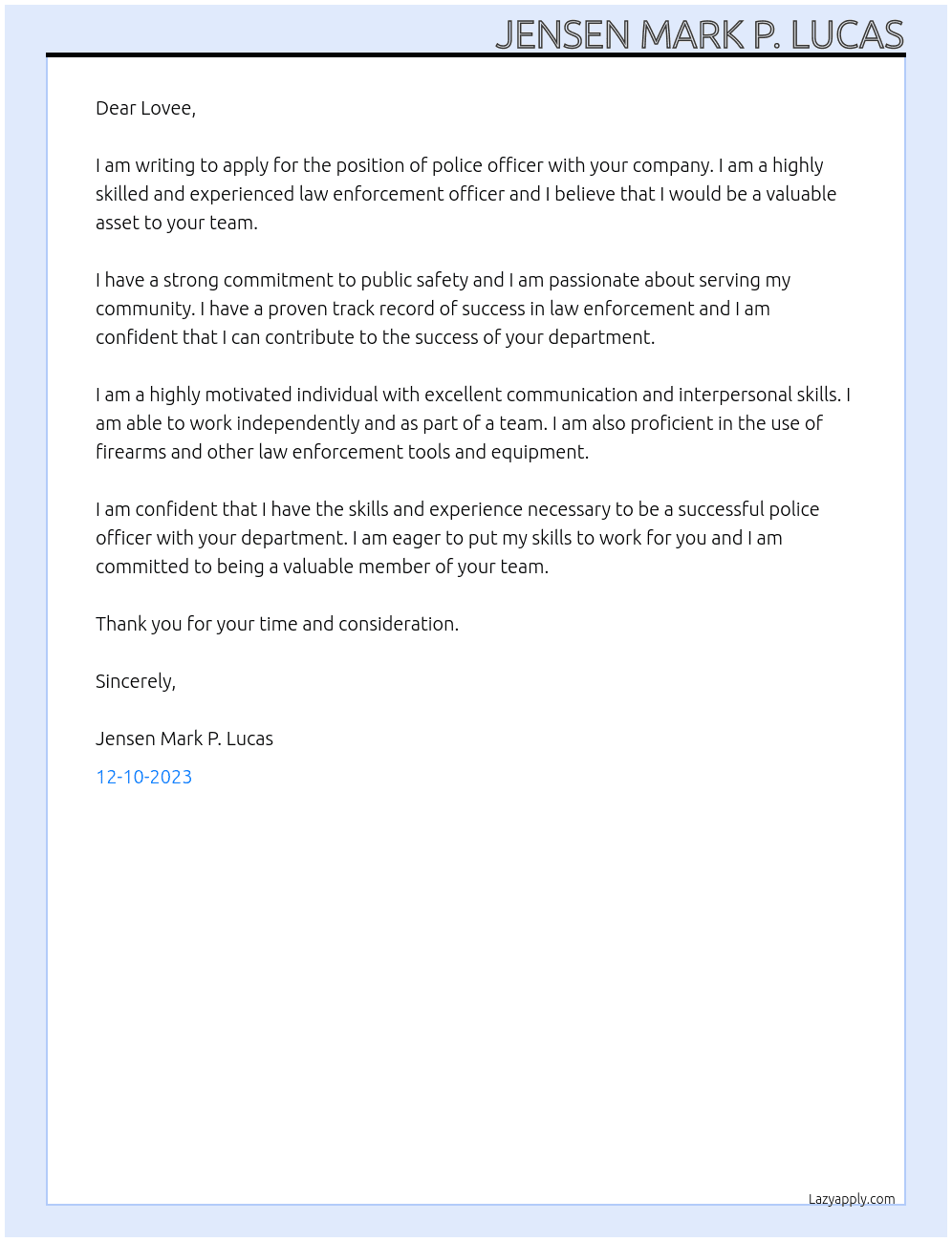 Police Officer At lovee Cover Letter