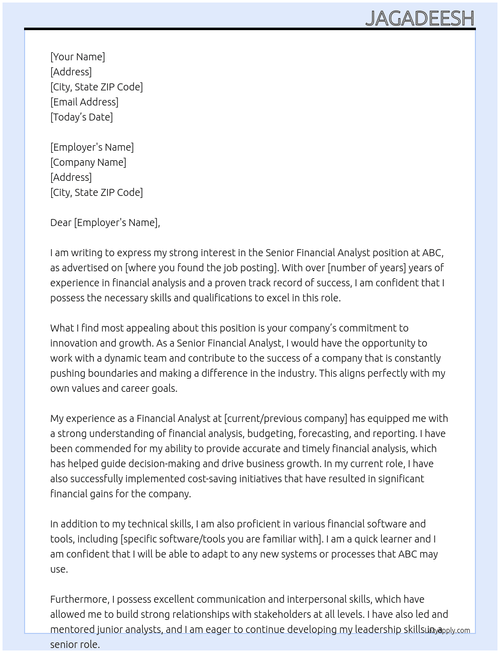 Senior Financial Analyst At ABC Cover Letter