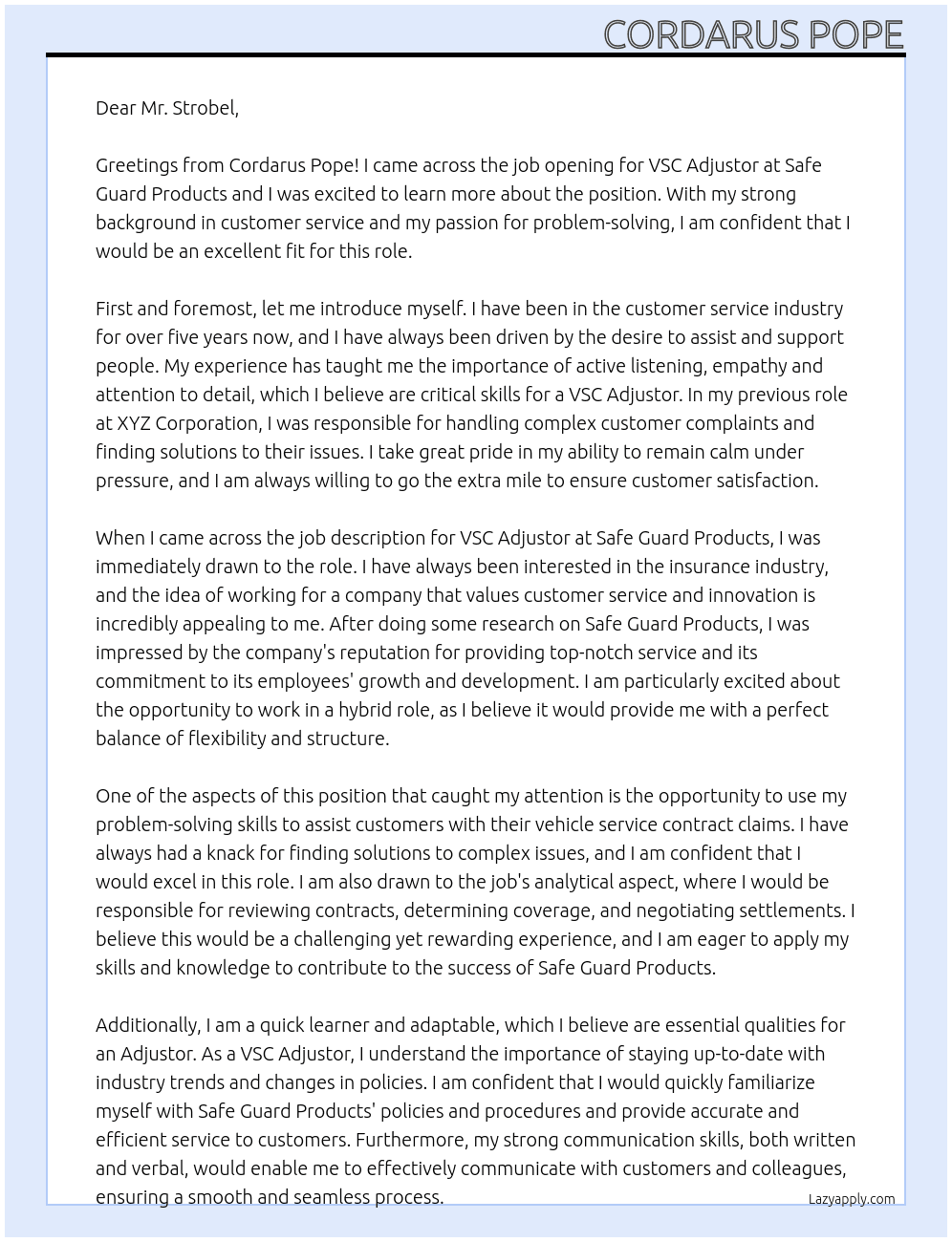 VSC Adjustor  At Safe Guard Products Cover Letter