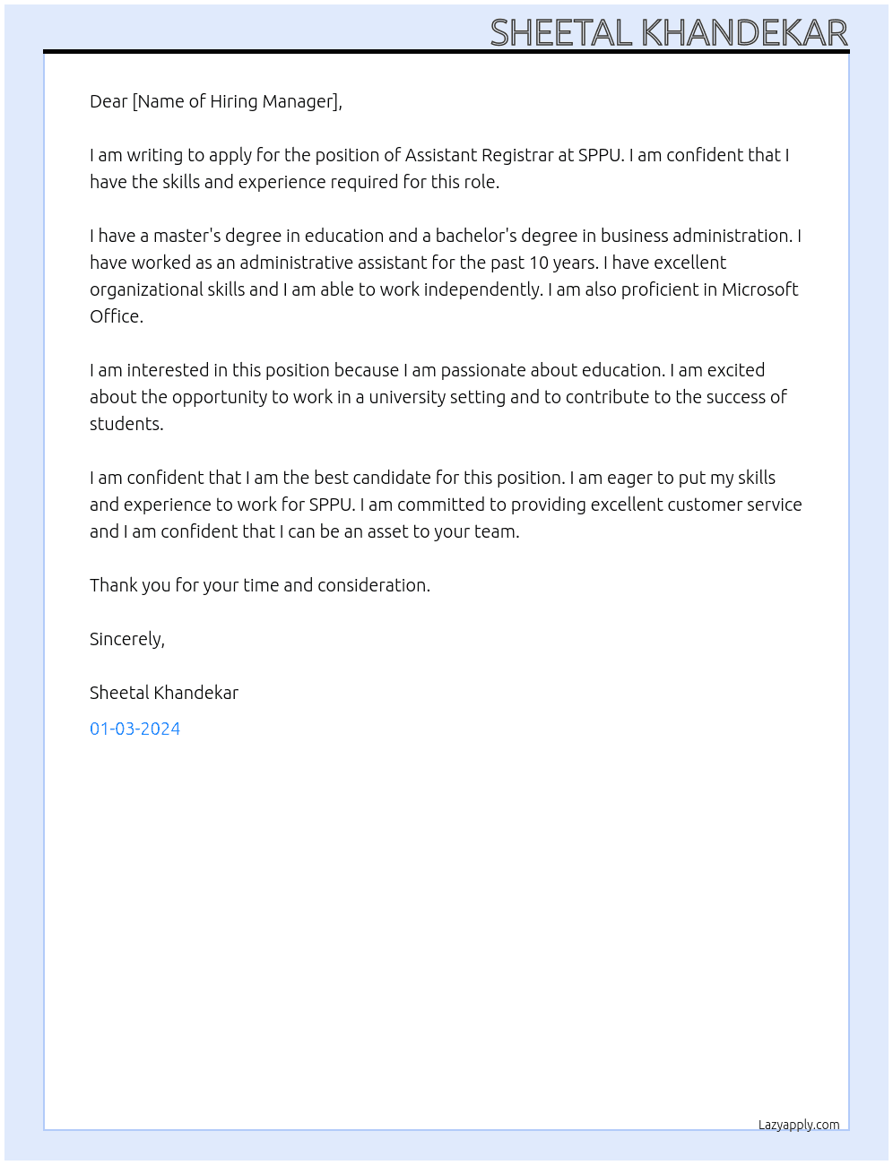 Assitant professor At SPPU Cover Letter