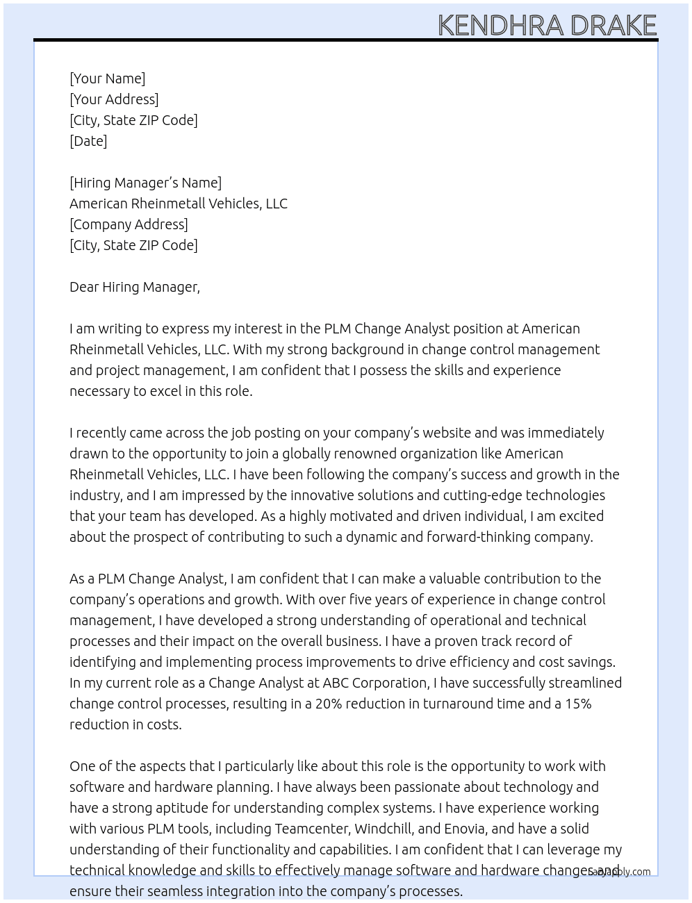 PLM Change Analyst At American Rheinmetall Vehicles, LLC Cover Letter