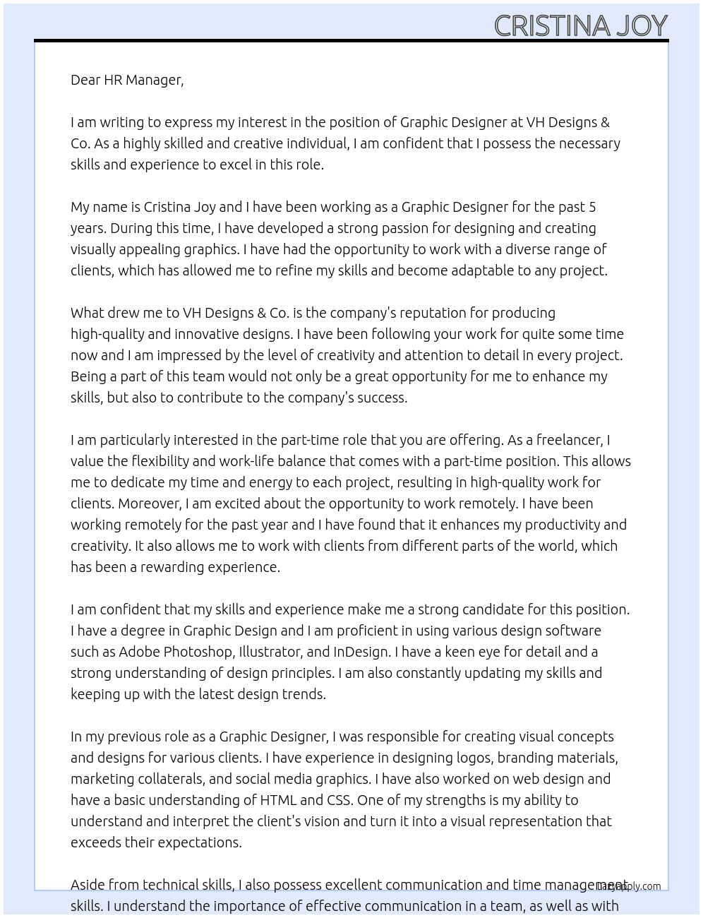 Graphic Designer At VH Designs & Co. Cover Letter