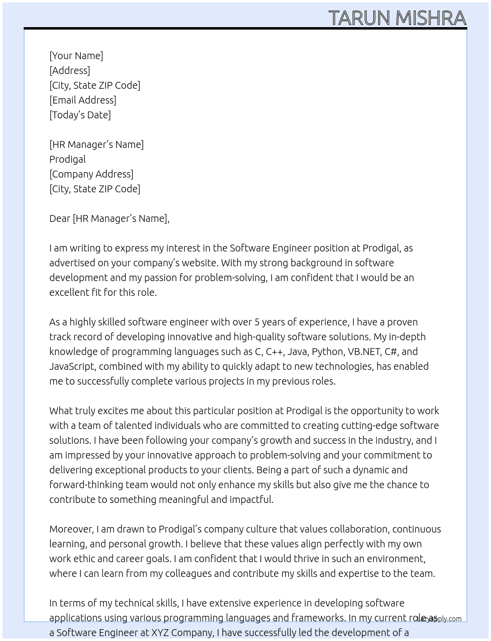 software engineer  At Prodigal Cover Letter