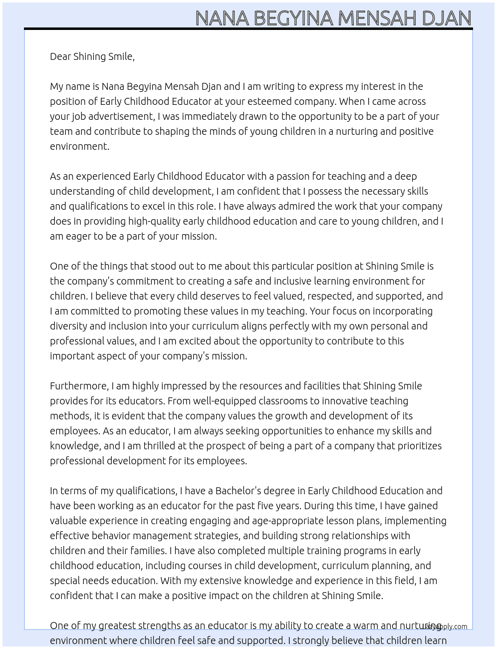 Early Childhood Educator At Shining Smile Cover Letter