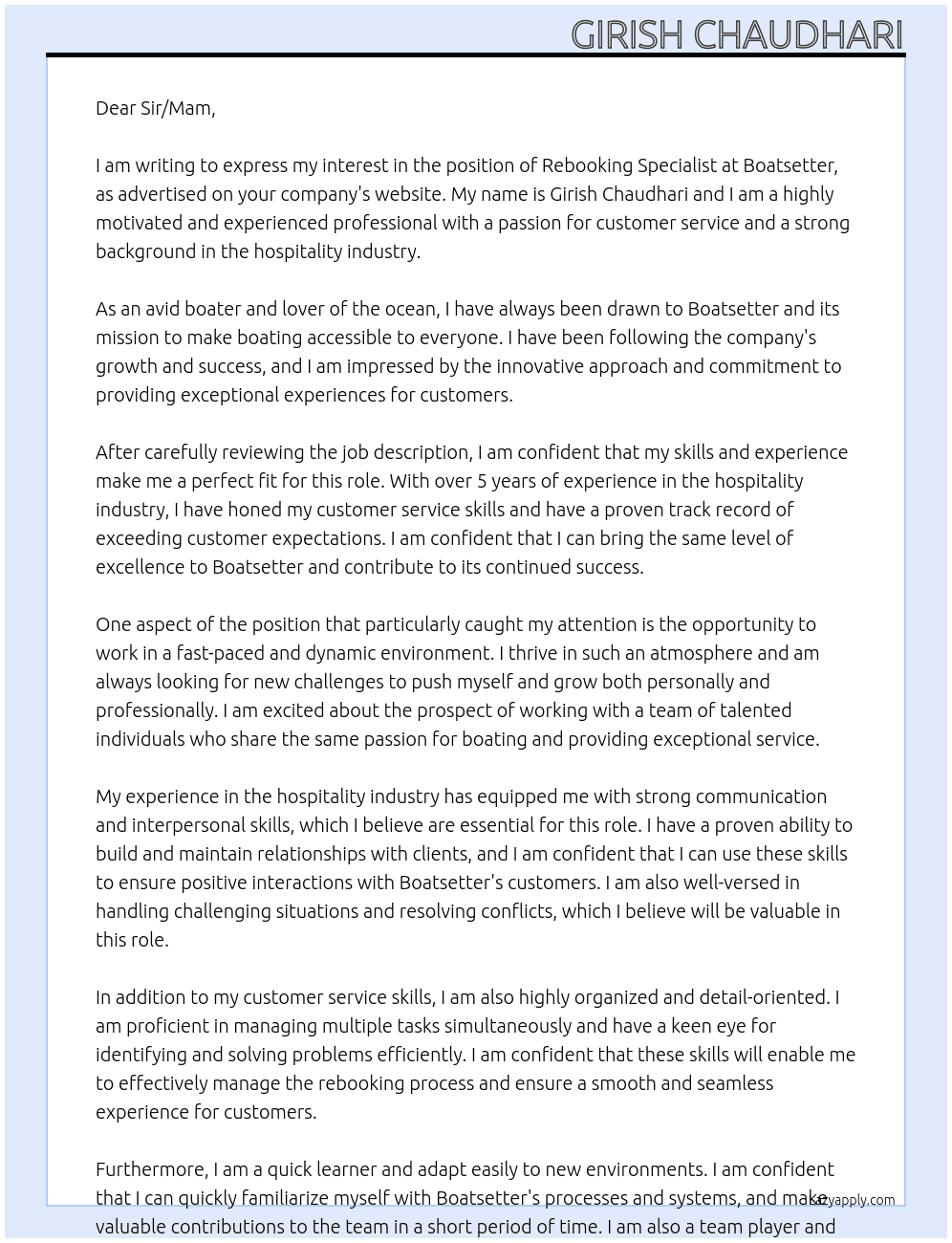 Rebooking specialist  At Boatsetter  Cover Letter