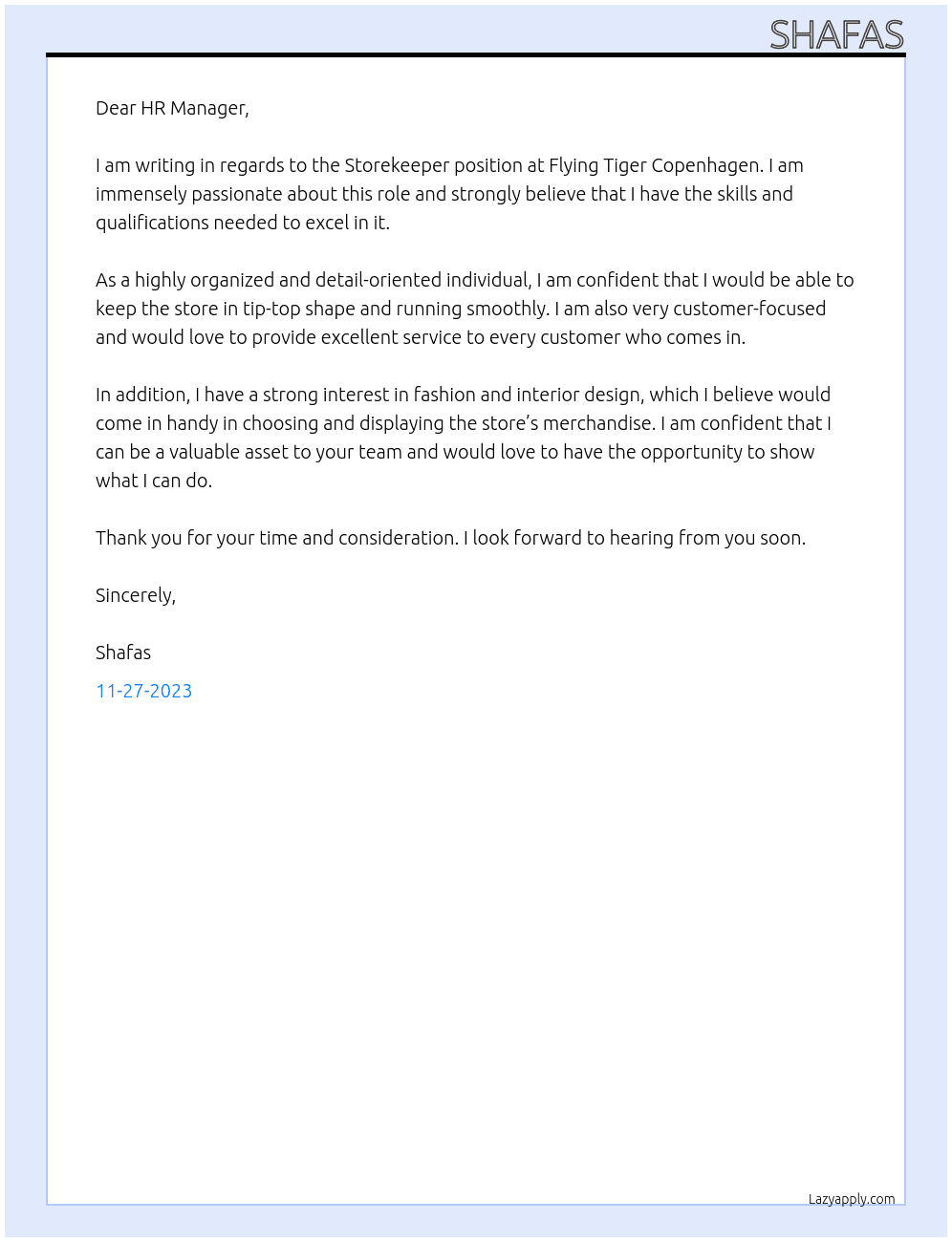 Store keeper At Flying tiger copenhagen Cover Letter