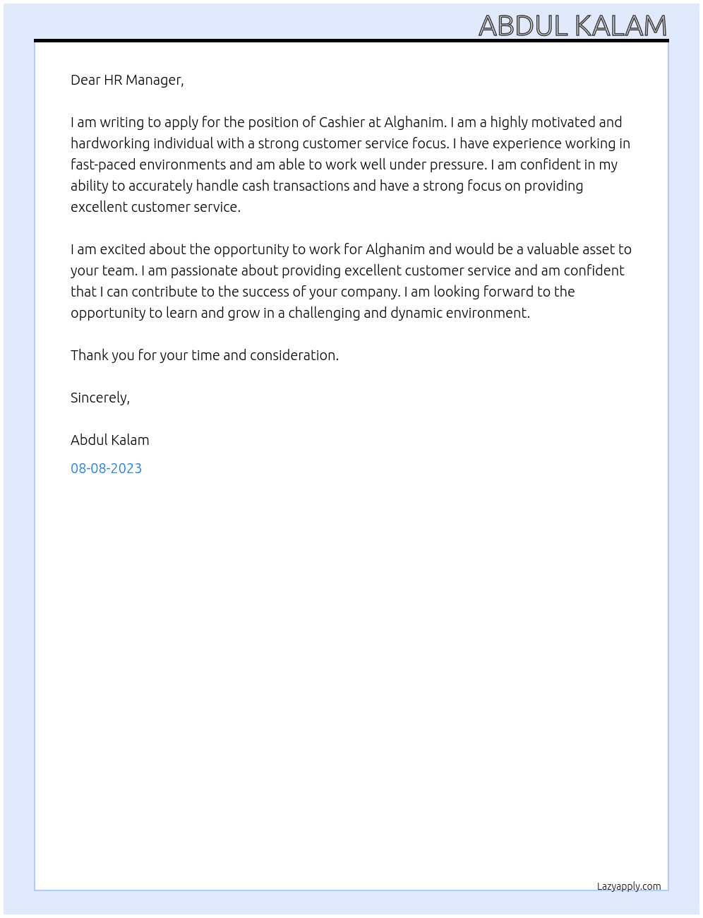 Cashier  At Alghanim Cover Letter
