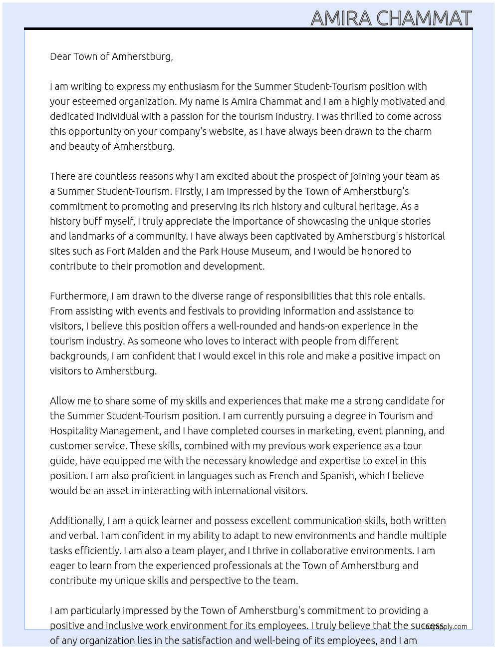Summer Student-Tourism At Town of Amherstburg  Cover Letter