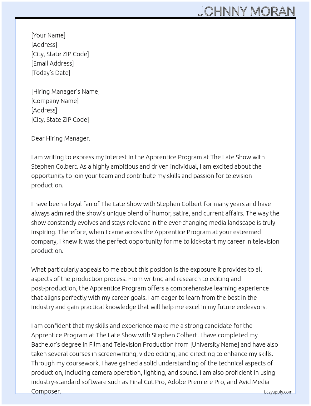 Apprentice Program At The Late Show with Stephen Colbert Cover Letter