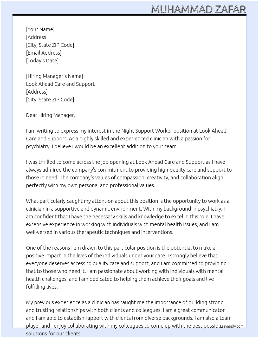 Night support worker At Look Ahead cCare and Support Cover Letter