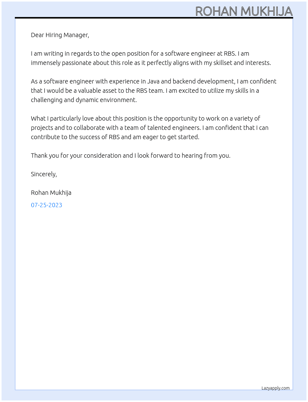 Software Engineer At RBS Cover Letter