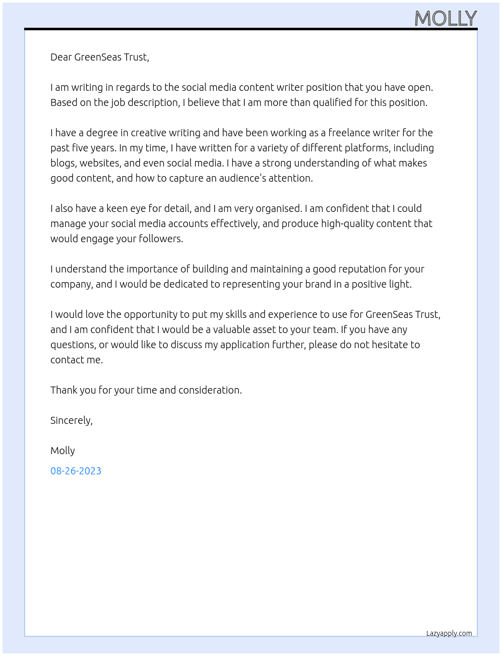 social media content writer At greenseas trust Cover Letter