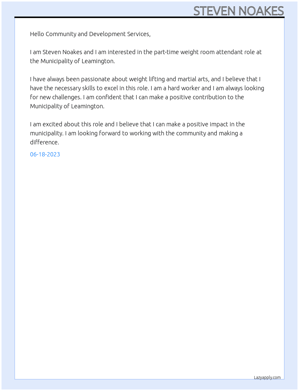 Weight Room Attendant  At Municipality of Leamington Cover Letter