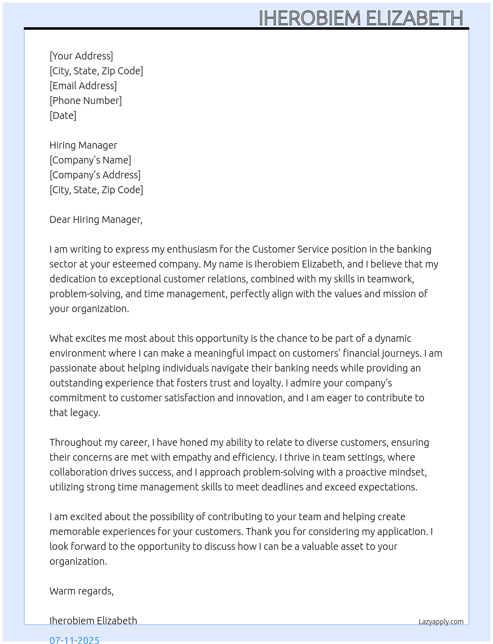 Customer service  At Banking sector  Cover Letter