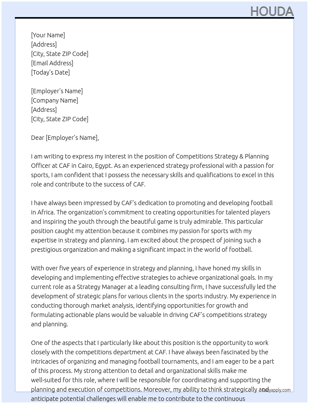 COMPETITIONS STRATEGY & PLANNING OFFICER At CAF Cover Letter