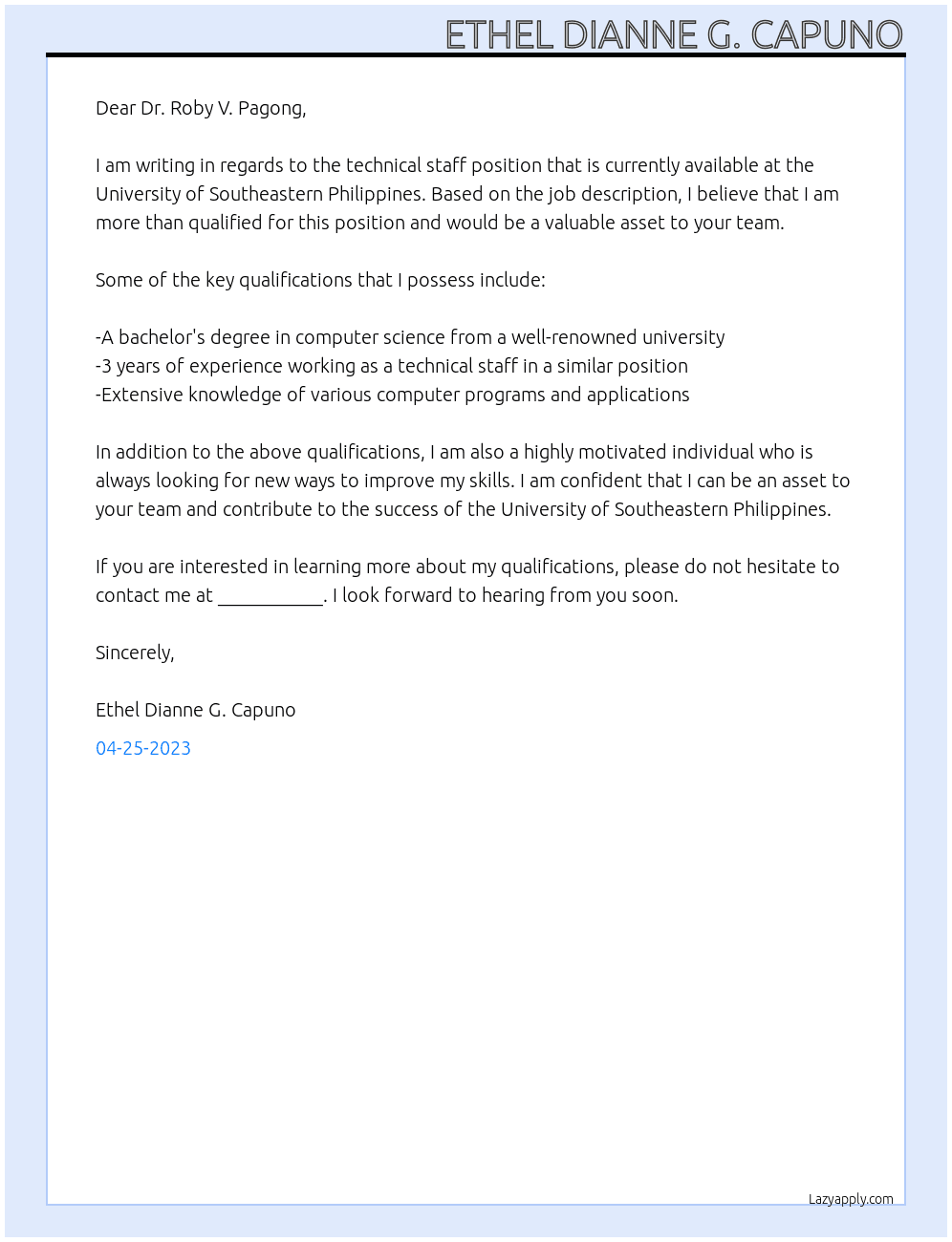 technical staff At University of Southeastern Philippines Cover Letter