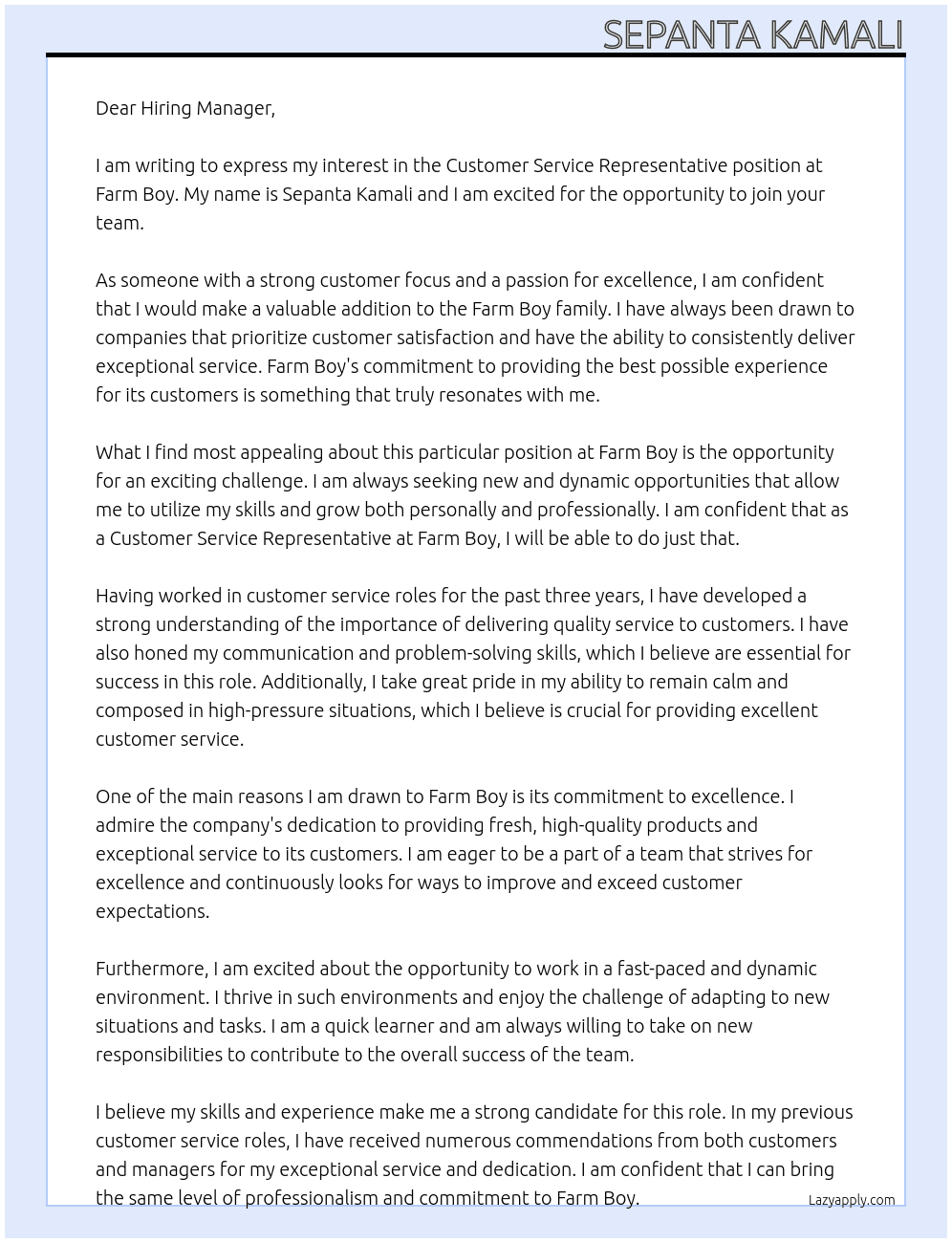 Customer Service Representative  At Farm Boy Cover Letter