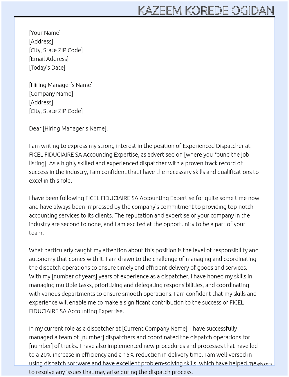 Experienced Dispatcher At FICEL FIDUCIAIRE SA Accounting Expertise Cover Letter