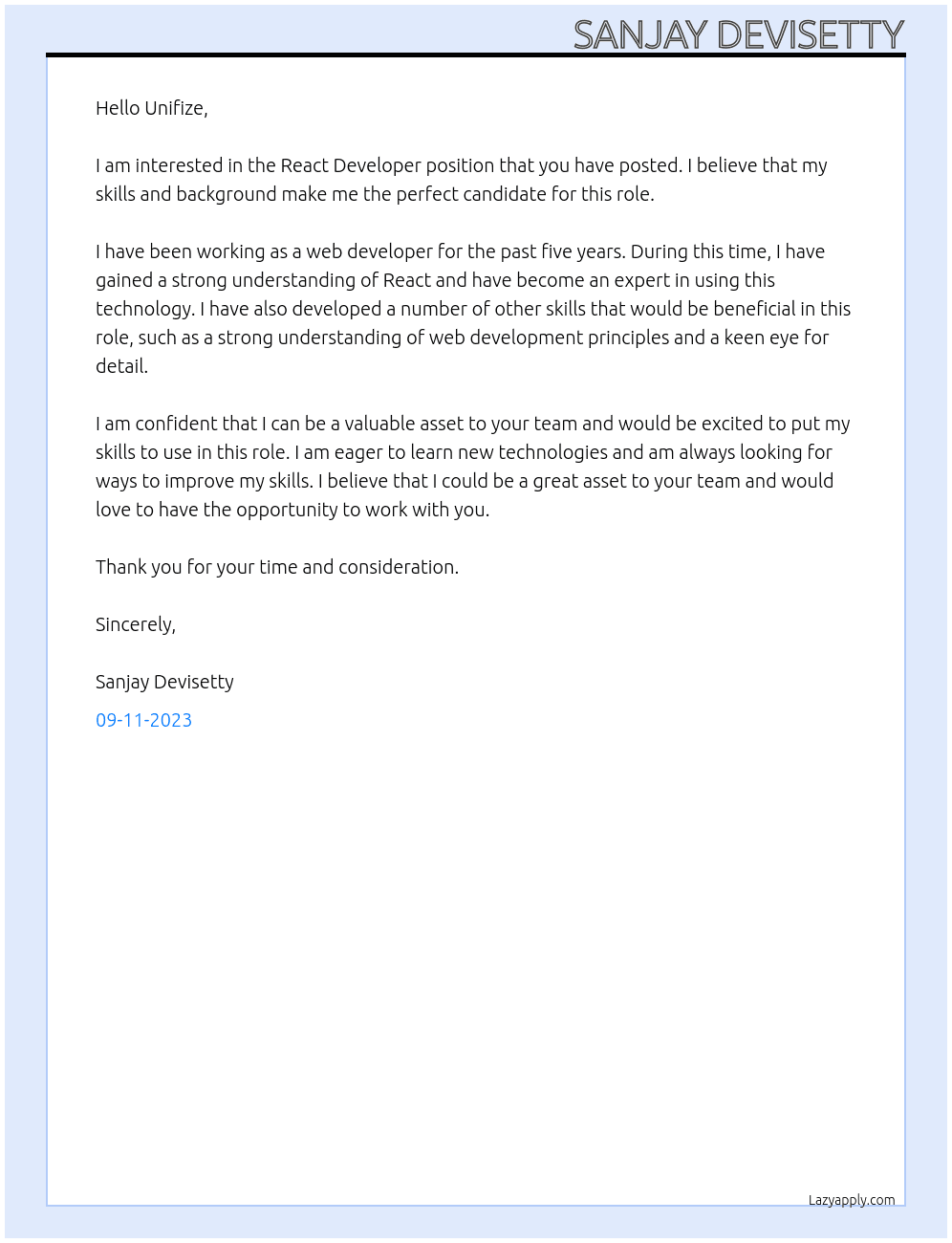 React Developer At Unifize Cover Letter