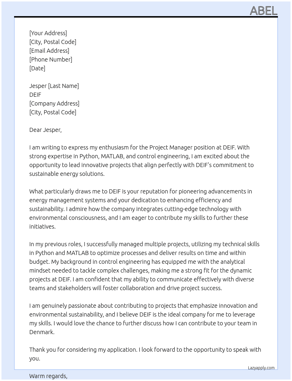 Project Manager At DEIF Cover Letter