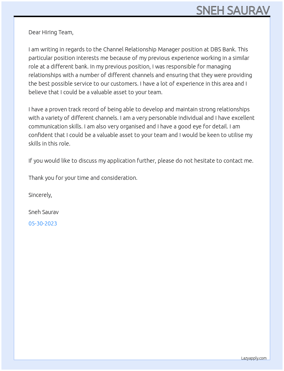 Channel Relationship Manager At DBS BANK Cover Letter