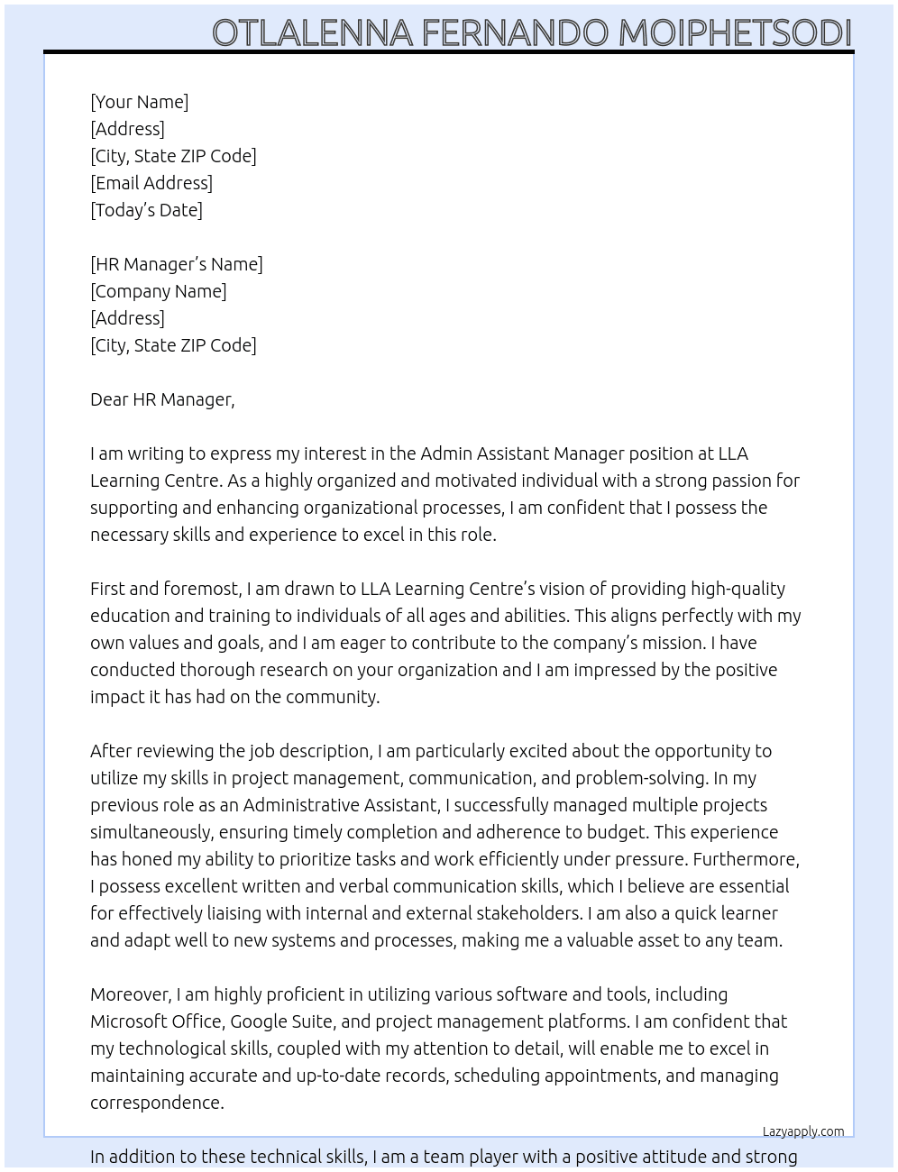 Admin Assistant Manager At LLA Learning Centre Cover Letter