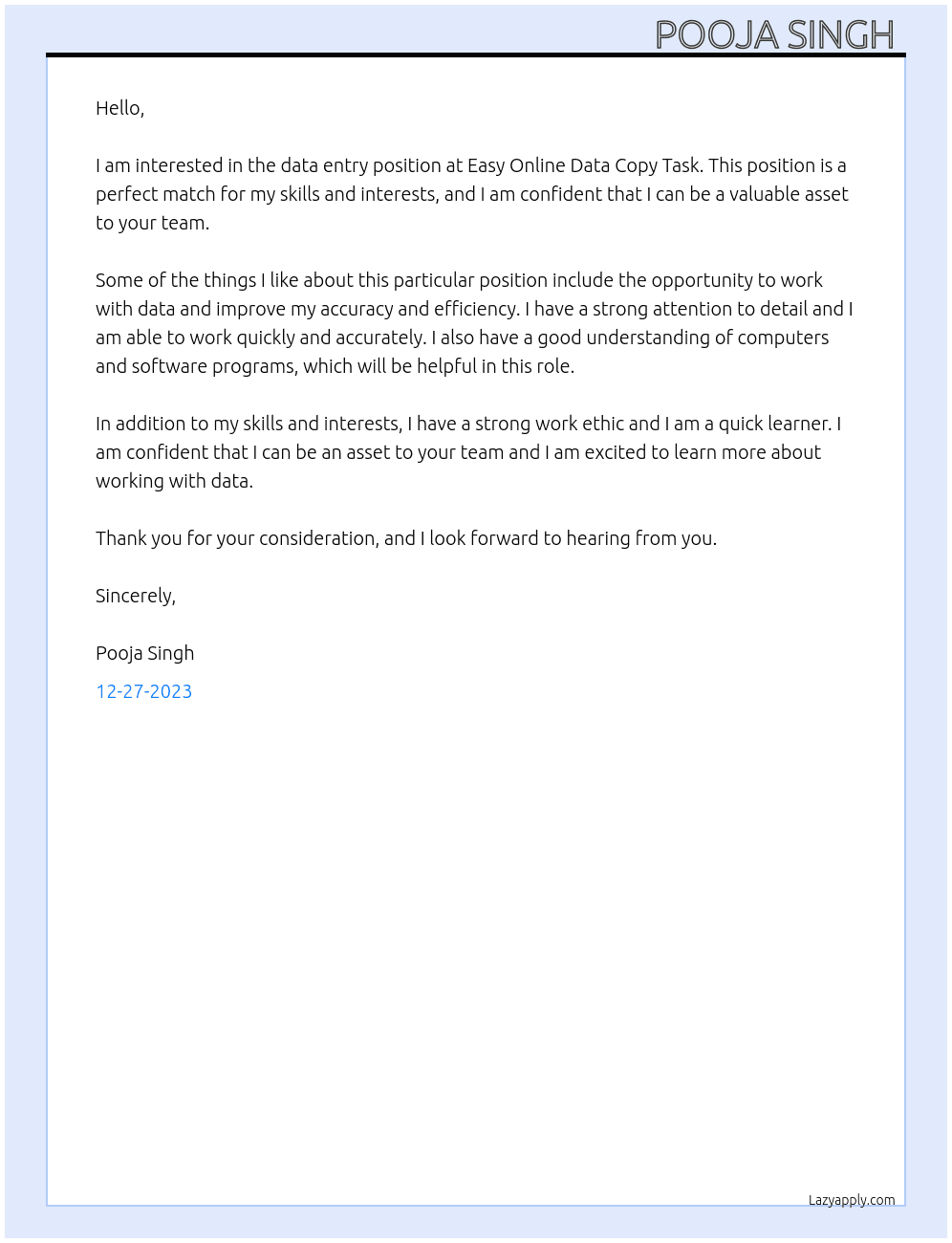 data entry At Easy Online Data Copy Task Cover Letter