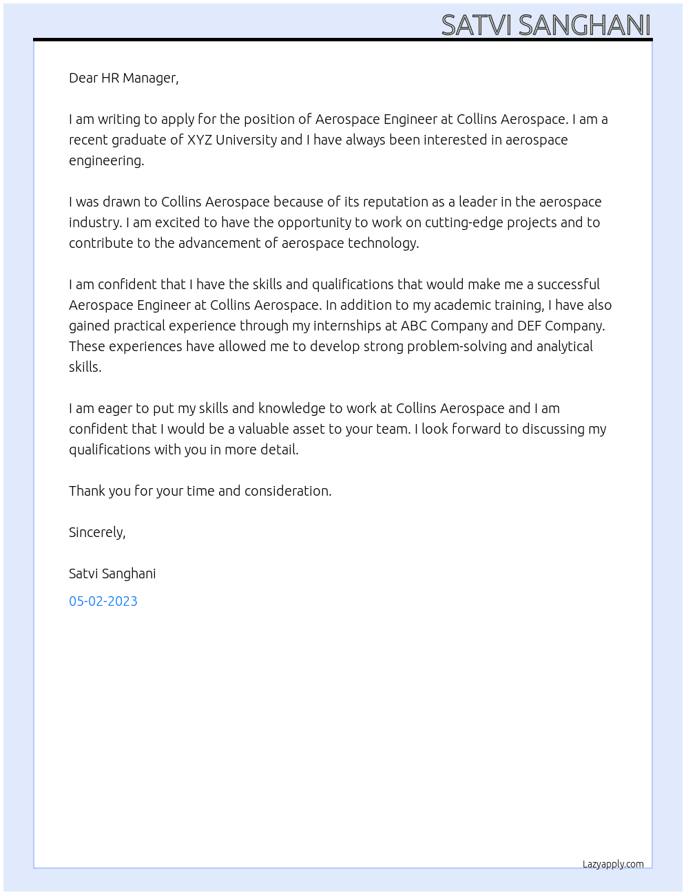 Aerospace Engineer At Collins aerospace Cover Letter