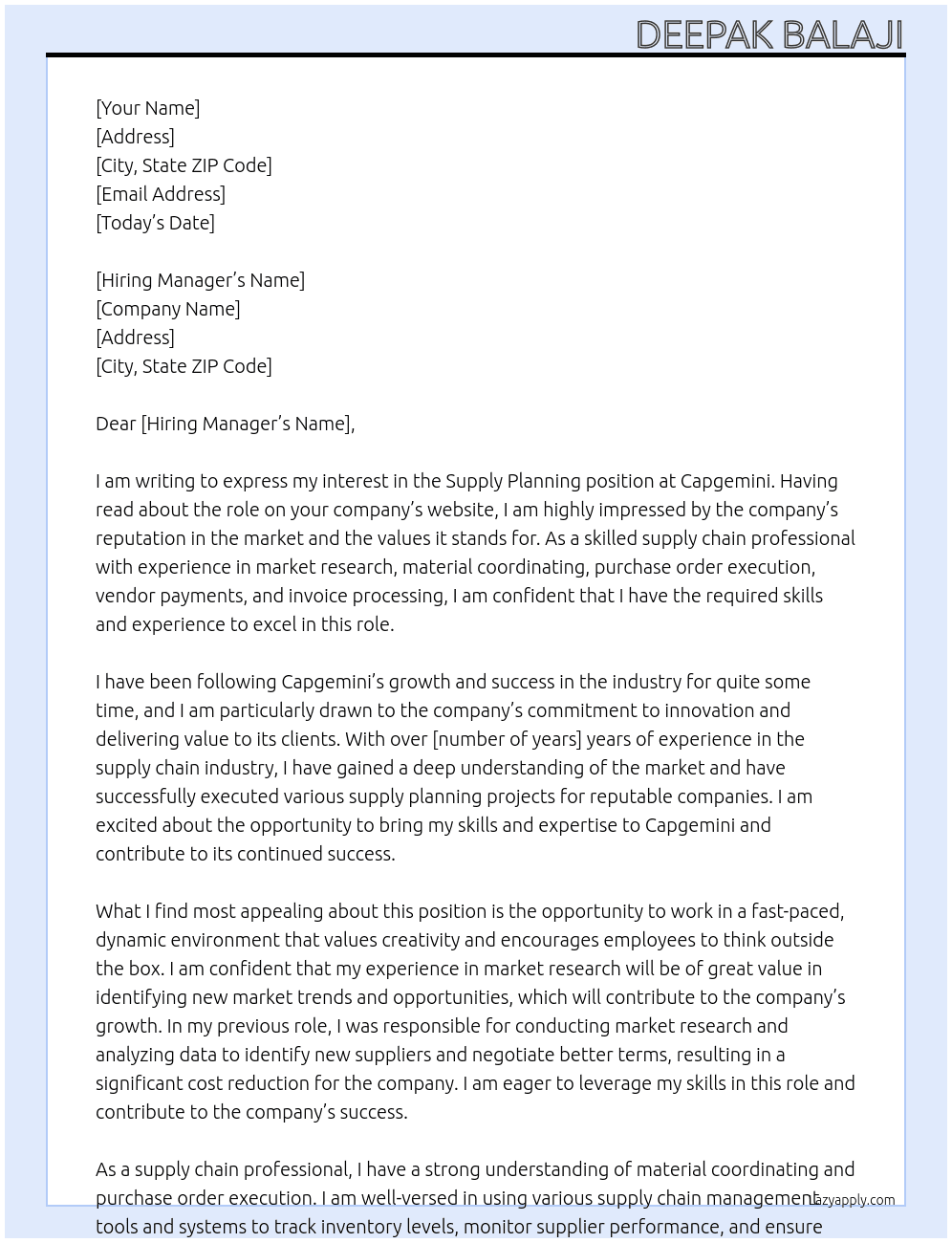 Cover letter for supply planning - LazyApply