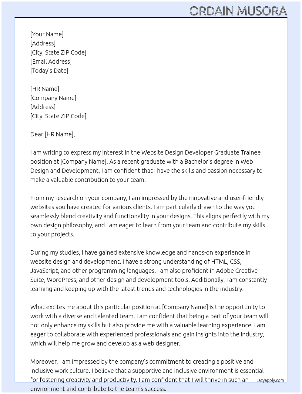 Cover letter for website design developer graduate trainee - LazyApply