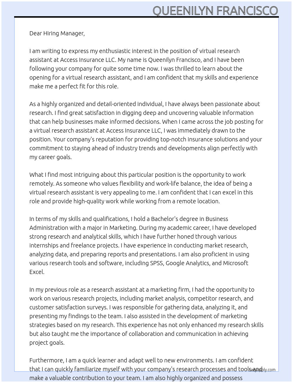 virtual research assistant At access insurance llc Cover Letter