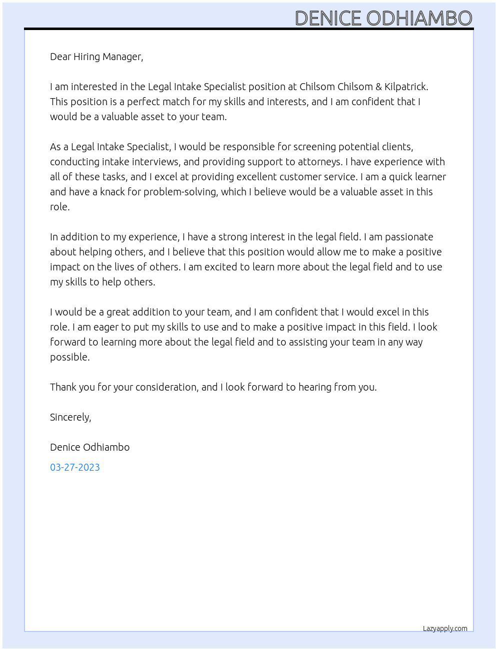 Legal Intake Specialist At Chilsom Chilsom & Kilpatrick Cover Letter