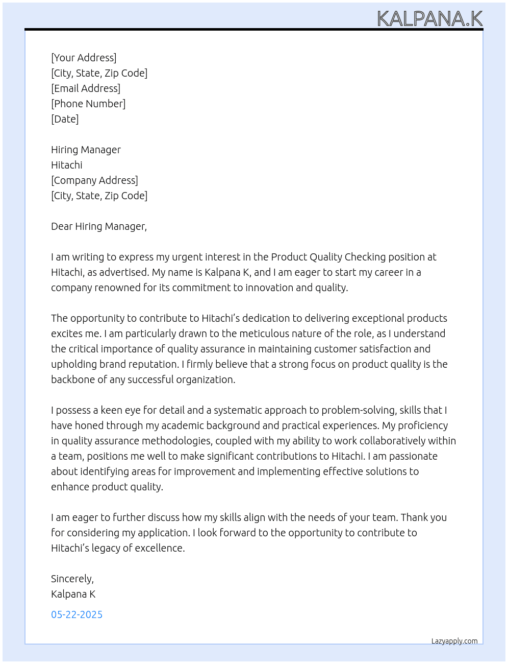 product quality cheaking At hitachi Cover Letter
