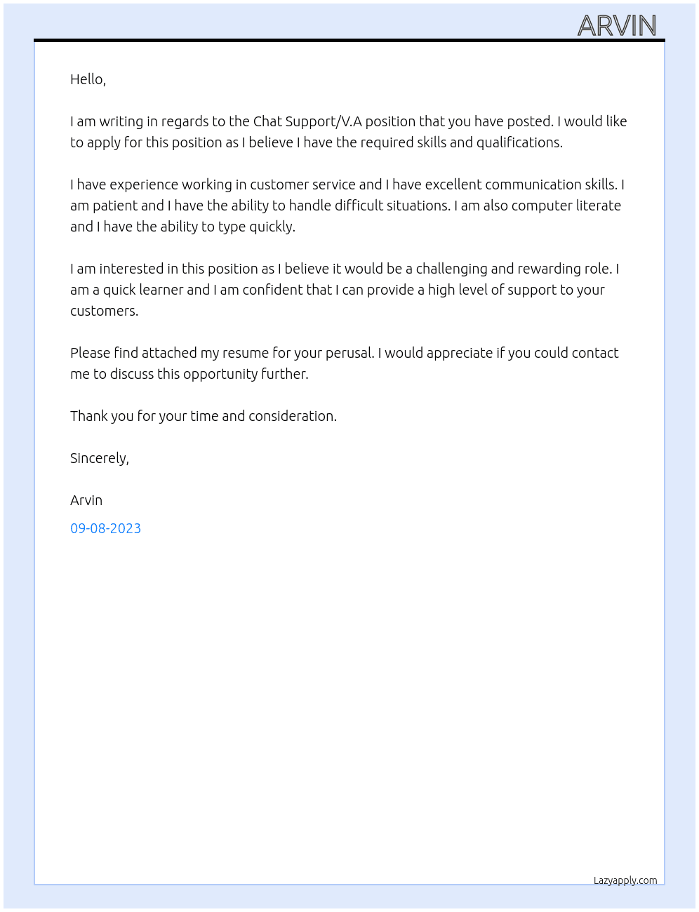 Chat support/V.A At online casino Cover Letter