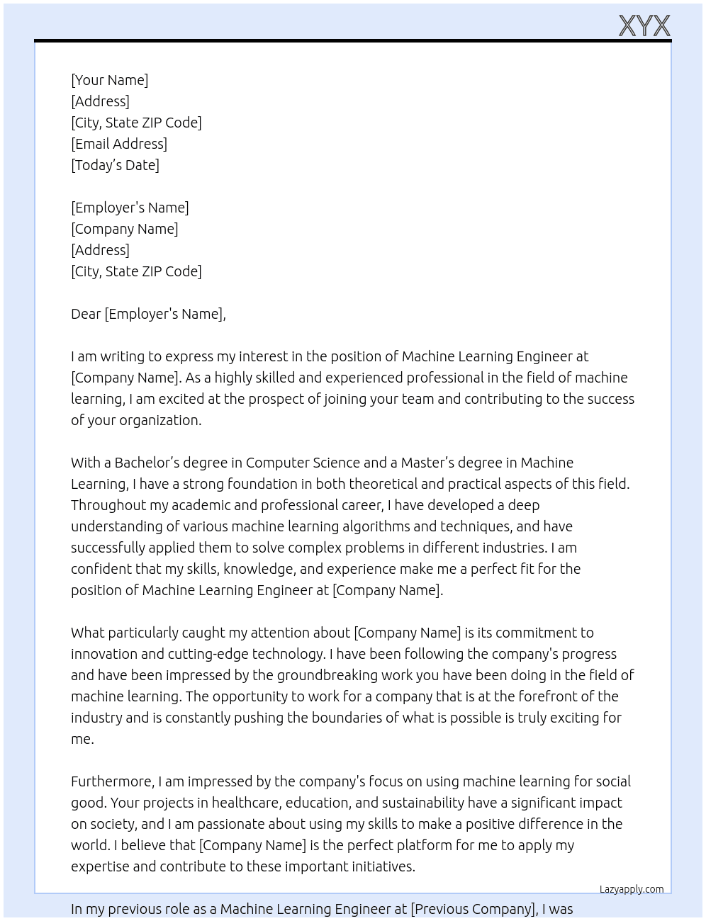 Machine Learning Engineer At XYX Cover Letter