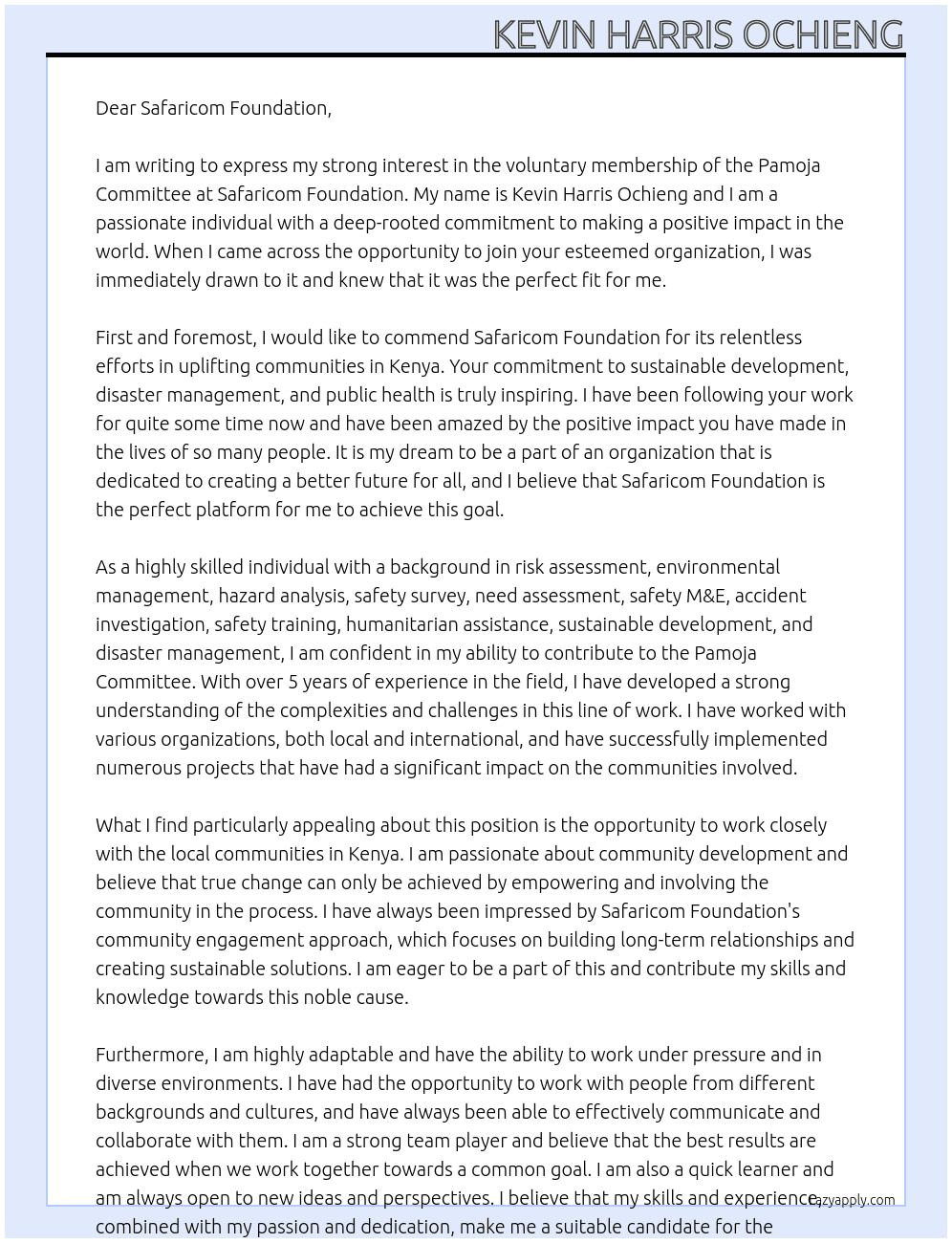 voluntary membership of Pamoja Committee At Safaricom Foundation Cover Letter
