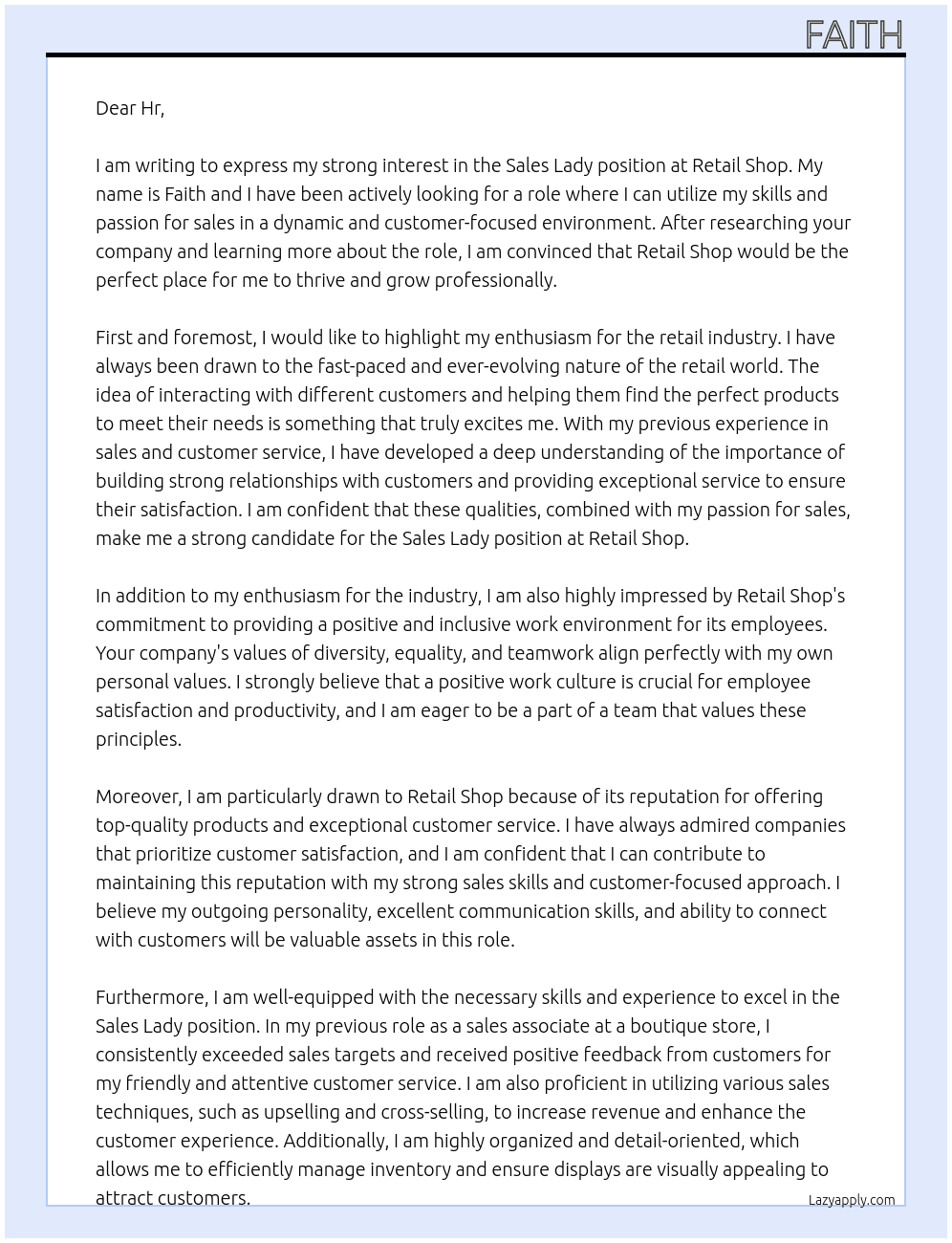 Sales lady At Retail shop Cover Letter