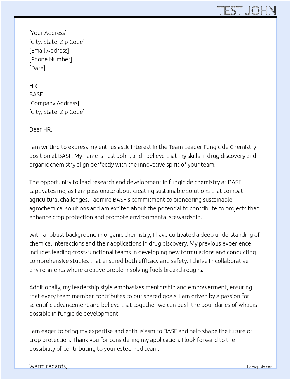 Cover letter for team leader fungicide chemsitry - LazyApply