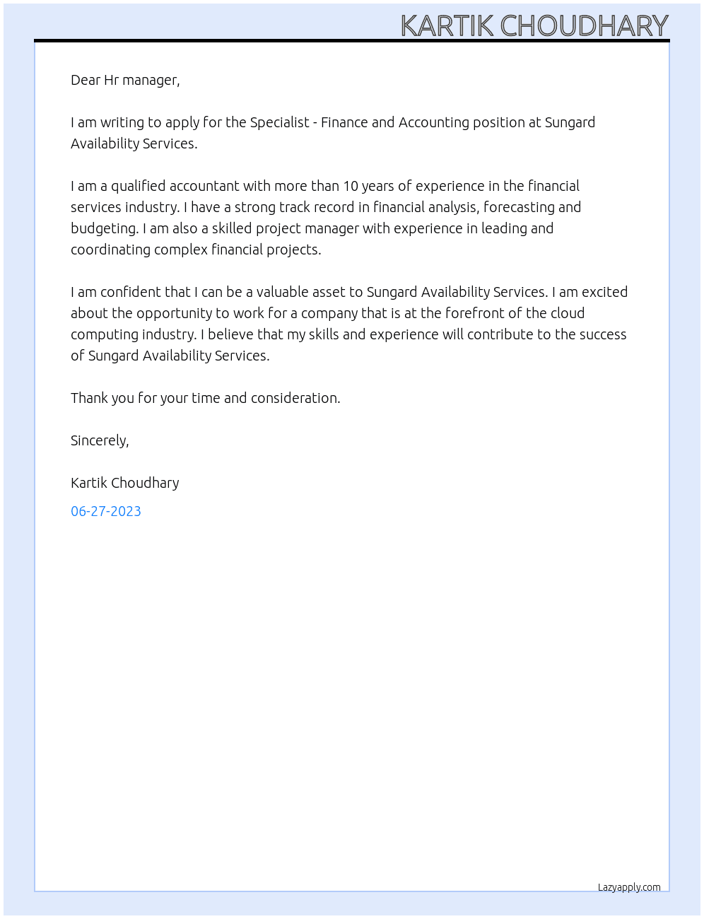 Specialist - Finance and Accounting At Sungard Availability Services  Cover Letter