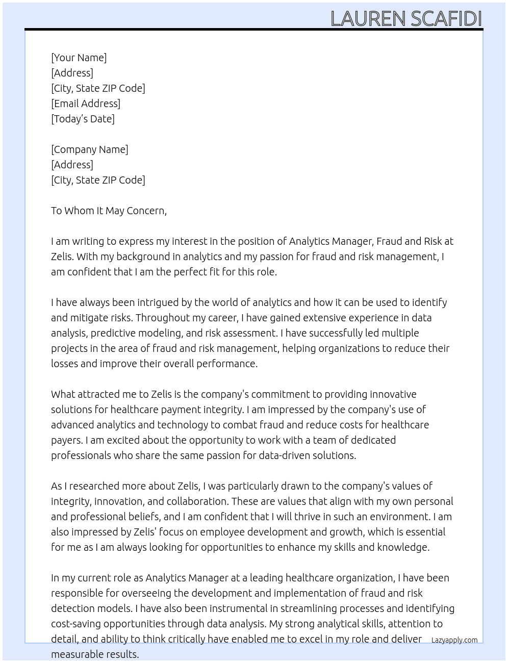 Analytics Manager, Fraud and Risk At Zelis Cover Letter