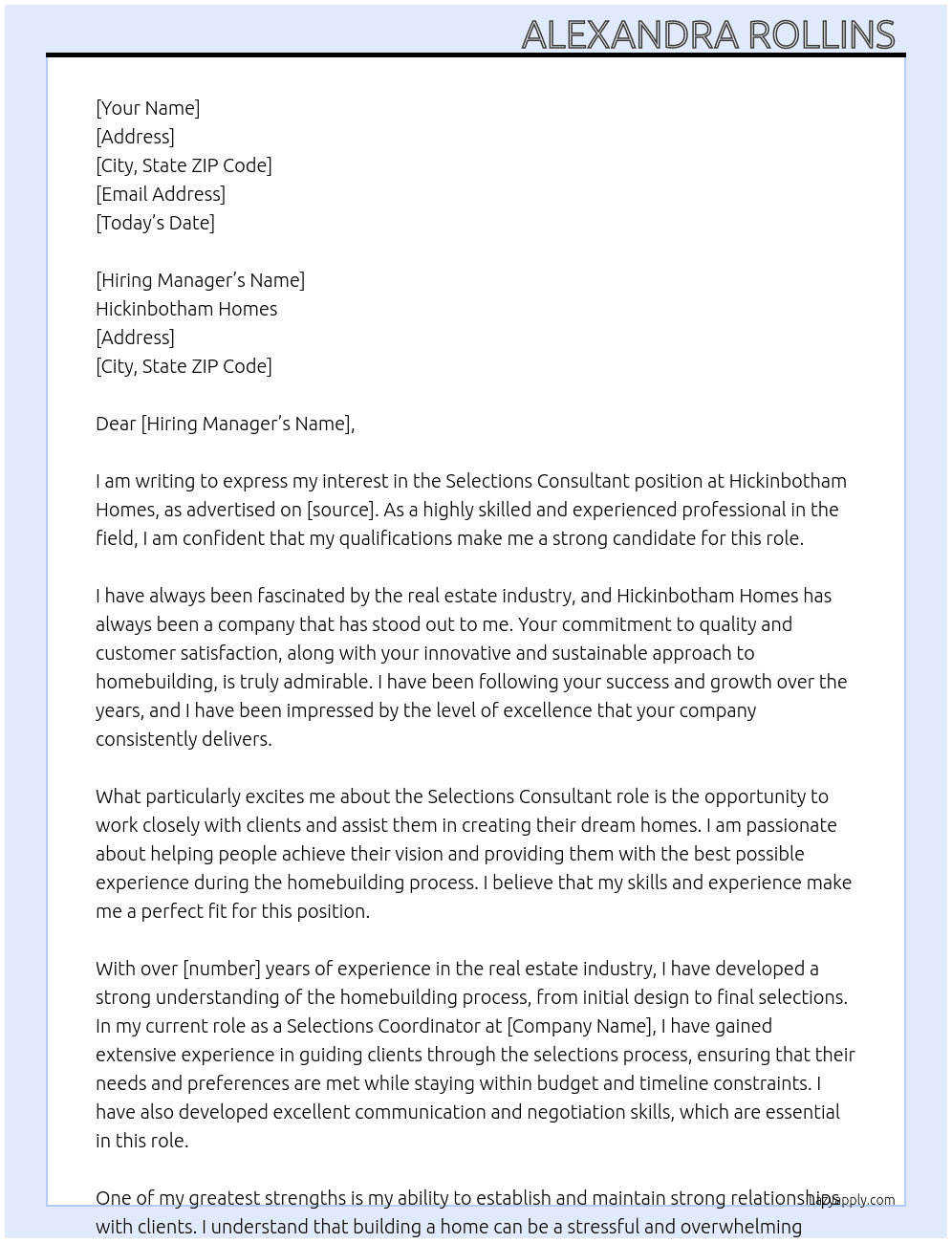 Selections consultant At Hickinbotham homes Cover Letter