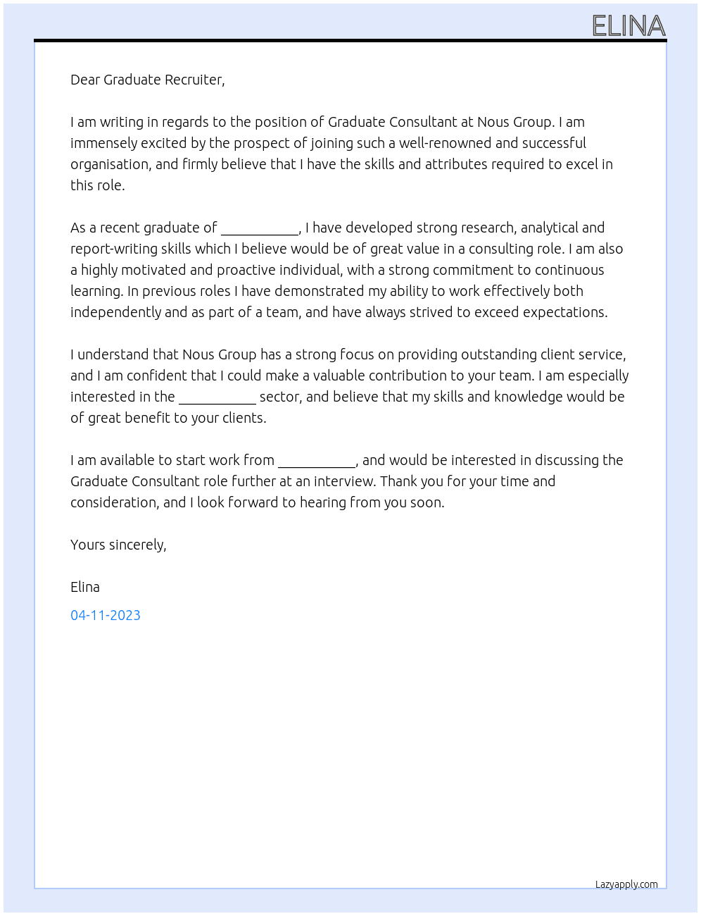 Graduate consultant At Nous Group Cover Letter