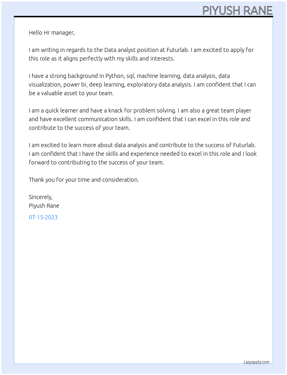 Data analyst At Futurlab Cover Letter