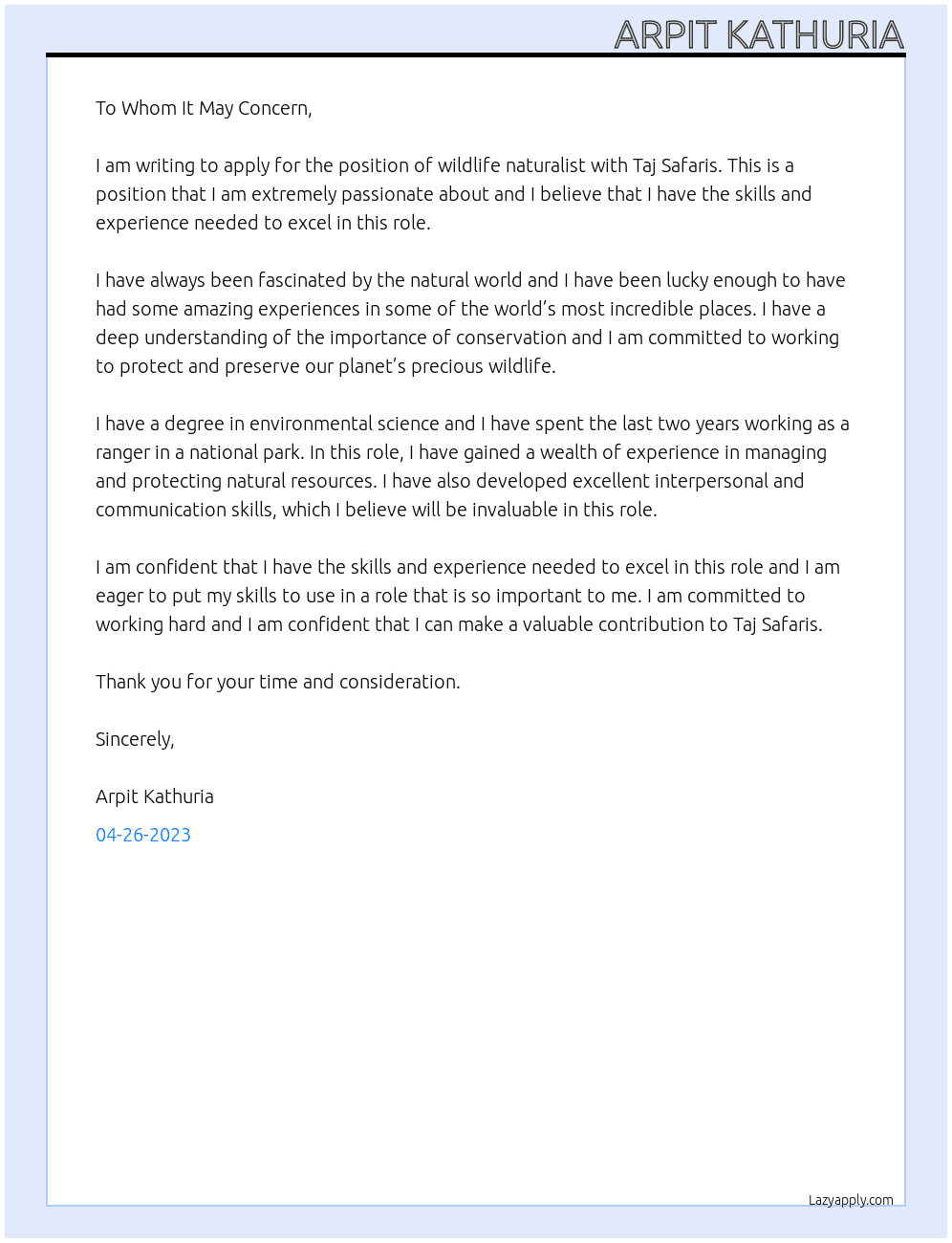 wildlife naturalist At Taj Group Cover Letter