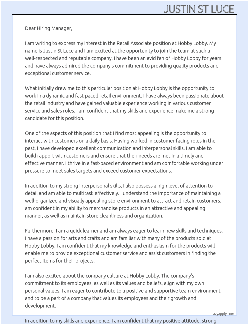 Retail associate  At Hobby lobby  Cover Letter